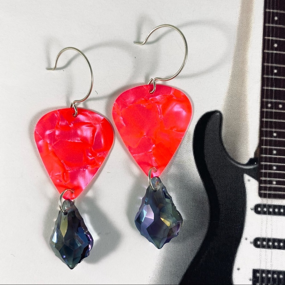 Custom OOAK neon pink marbled guitar pick earrings with sterling silver!